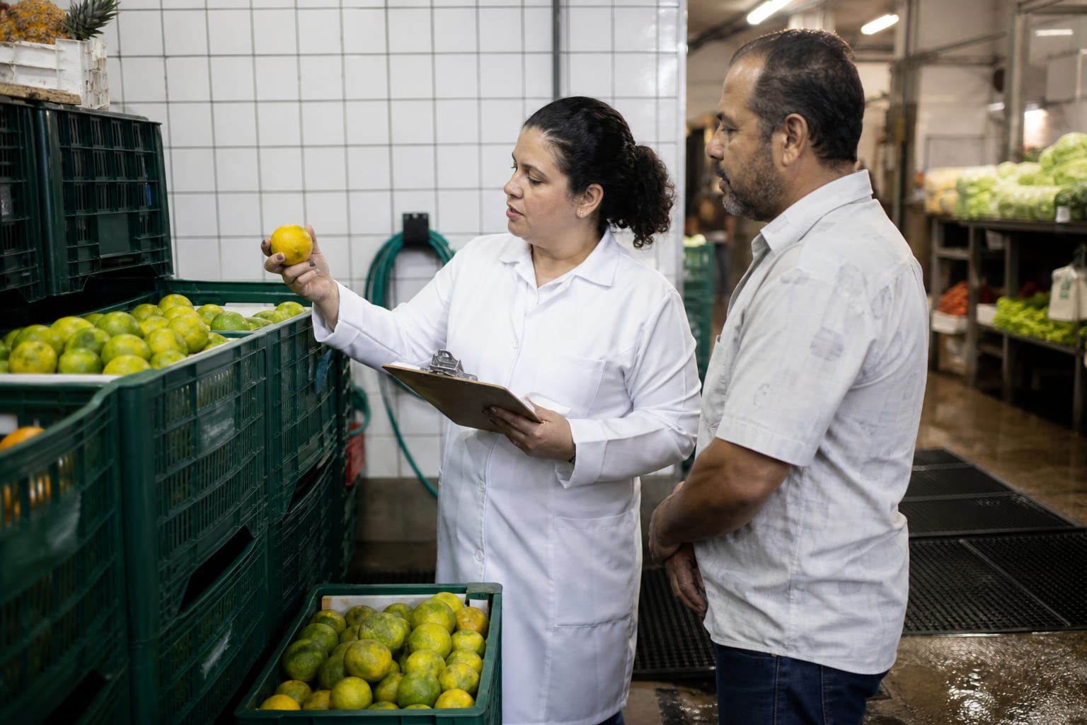 Fiscal de jaleco branco verifica embalagens na gôndola acompanhada pelo dono do mercadinho