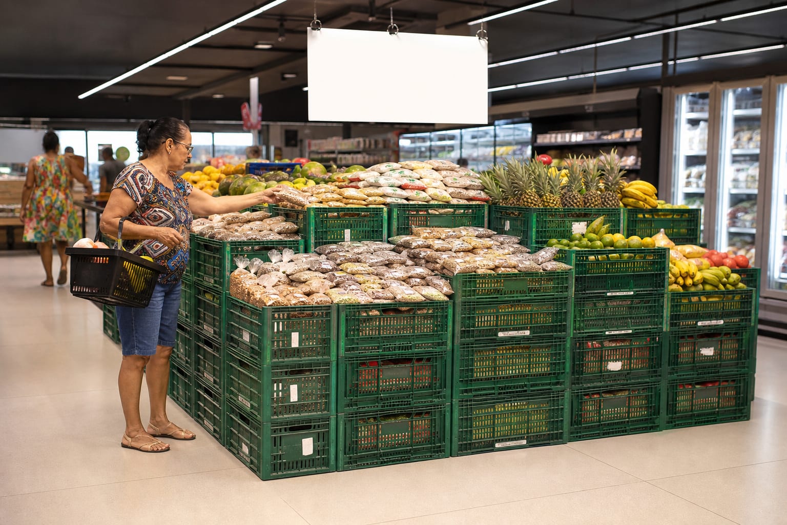 Cliente escolhe produtos em ilha promocional de supermercado de bairro